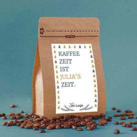 Kaffee Tüte selbst gestalten und sofort drucken mit Trinkdeins.de - Bespielbild mit Geburtstagskaffee Etikett